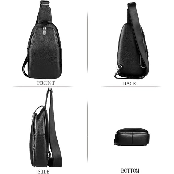 Genuine Leather Sling Bag Unisex Crossbody Purse Travel Daypack Black - Picture 4 of 7